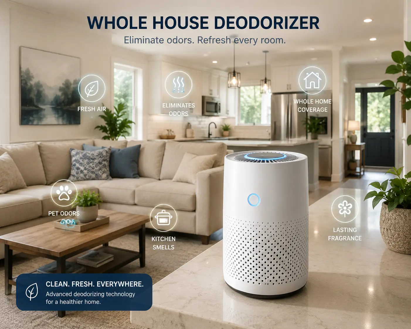 Whole house deodorizer in a bright modern home designed to freshen multiple rooms and reduce household odors.