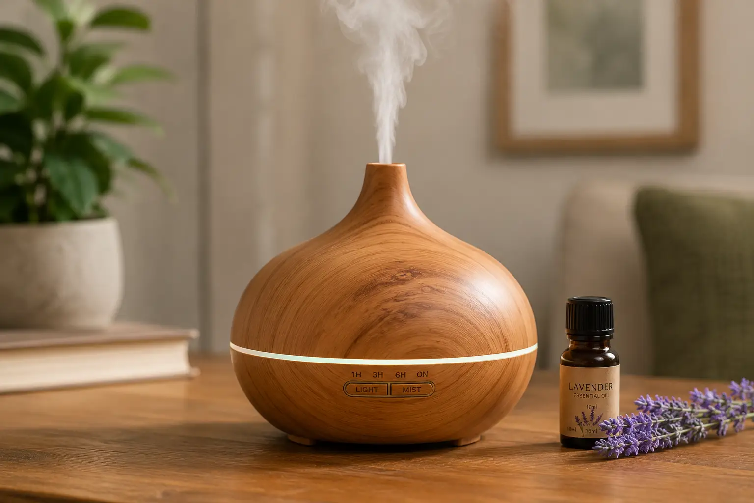 Wooden diffuser releasing a gentle mist beside lavender essential oil in a cozy, naturally lit room.