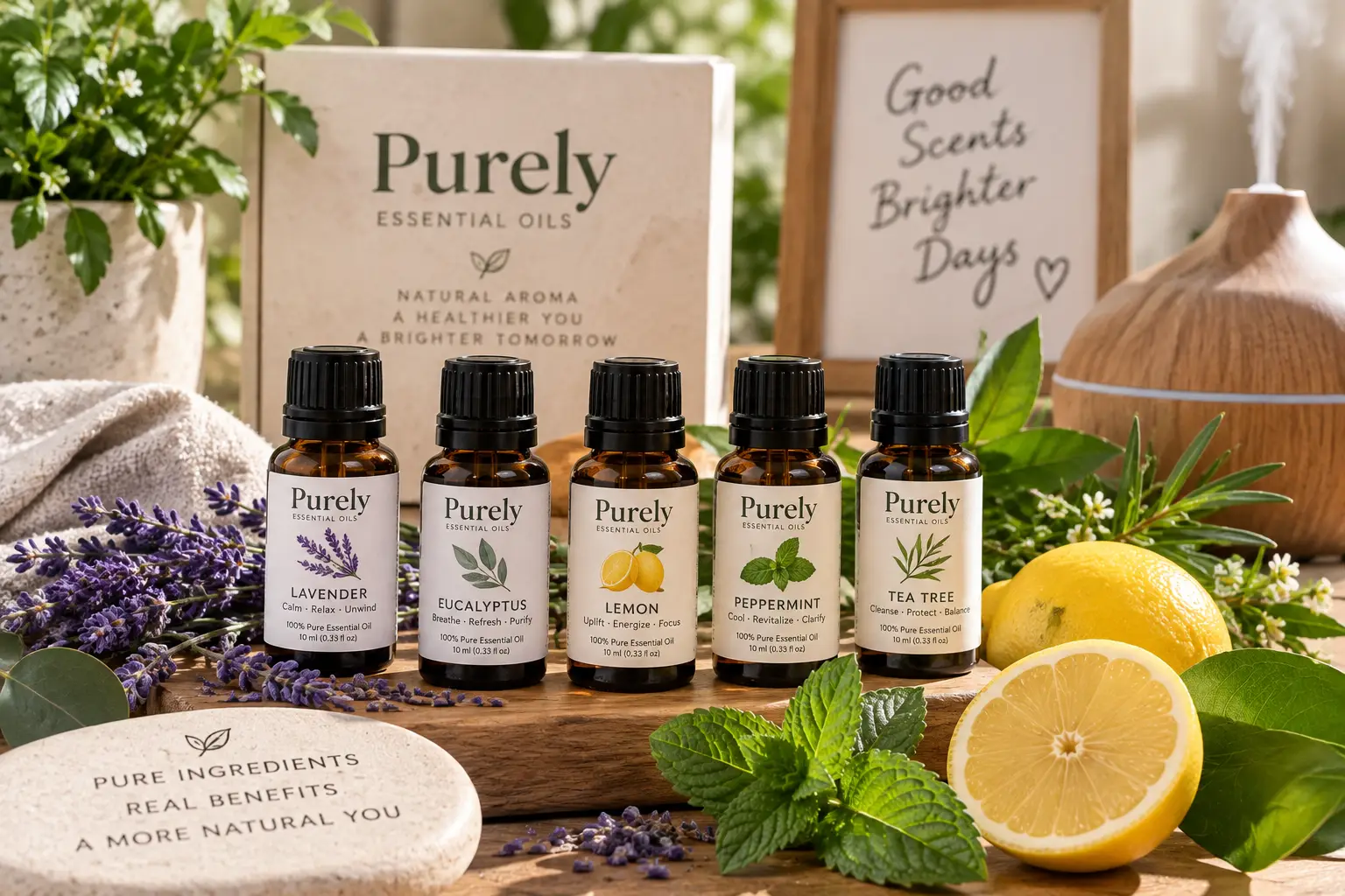 Purely essential oils in amber bottles with lavender, eucalyptus, lemon, peppermint, and tea tree