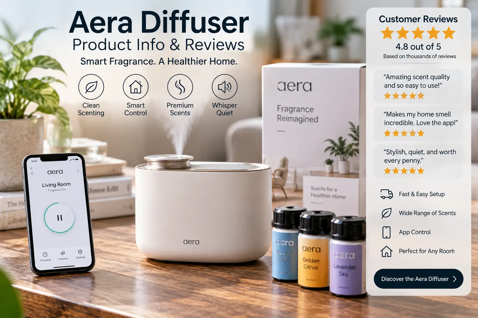 Aera diffuser product info and reviews showing the smart fragrance diffuser, app controls, scent cartridges, and customer ratings