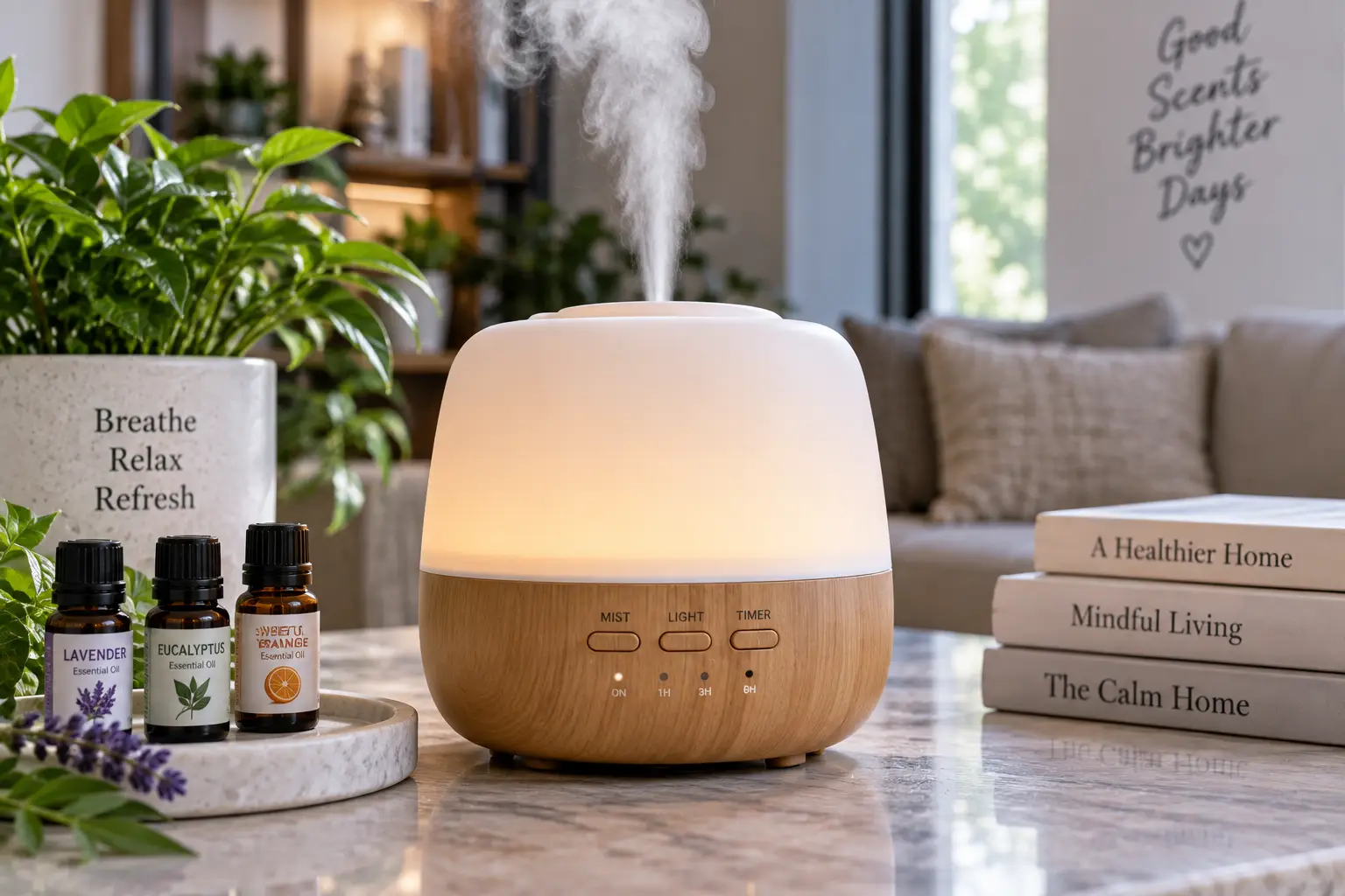 Air diffuser scent machine releasing fragrant mist beside essential oil bottles in a modern home