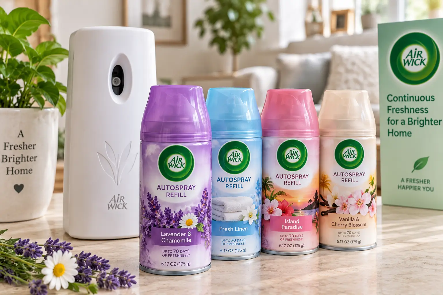 Air Wick AutoSpray refill cans with a white automatic air freshener dispenser in a bright home