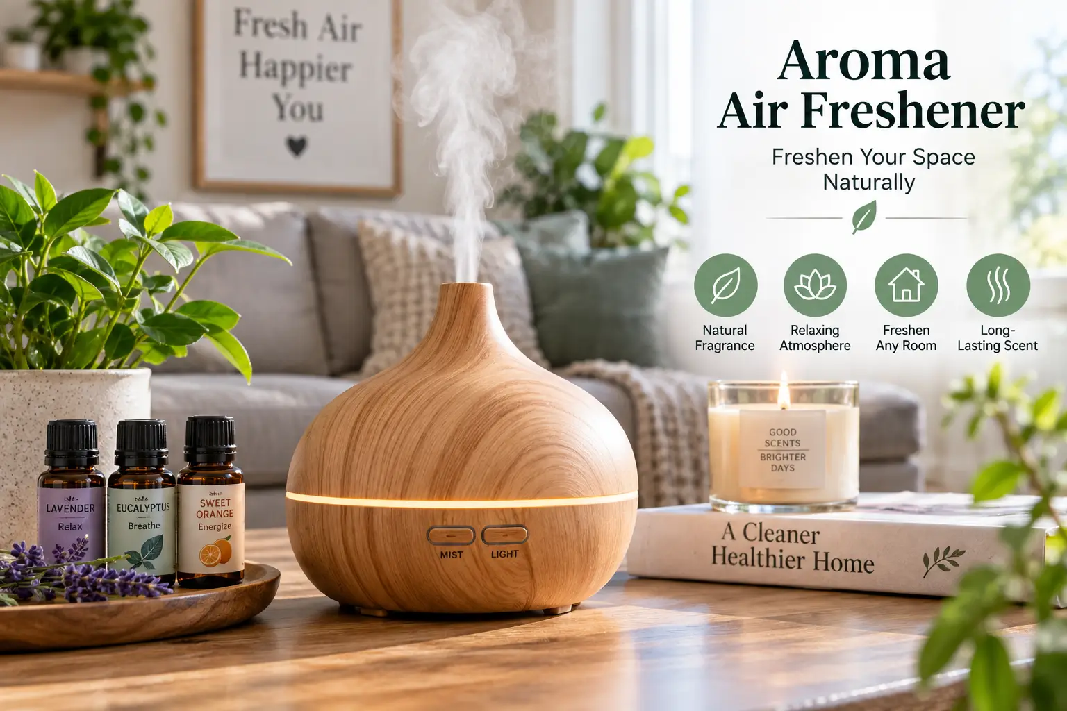 Aroma air freshener diffuser releasing a gentle mist with essential oils in a cozy living room