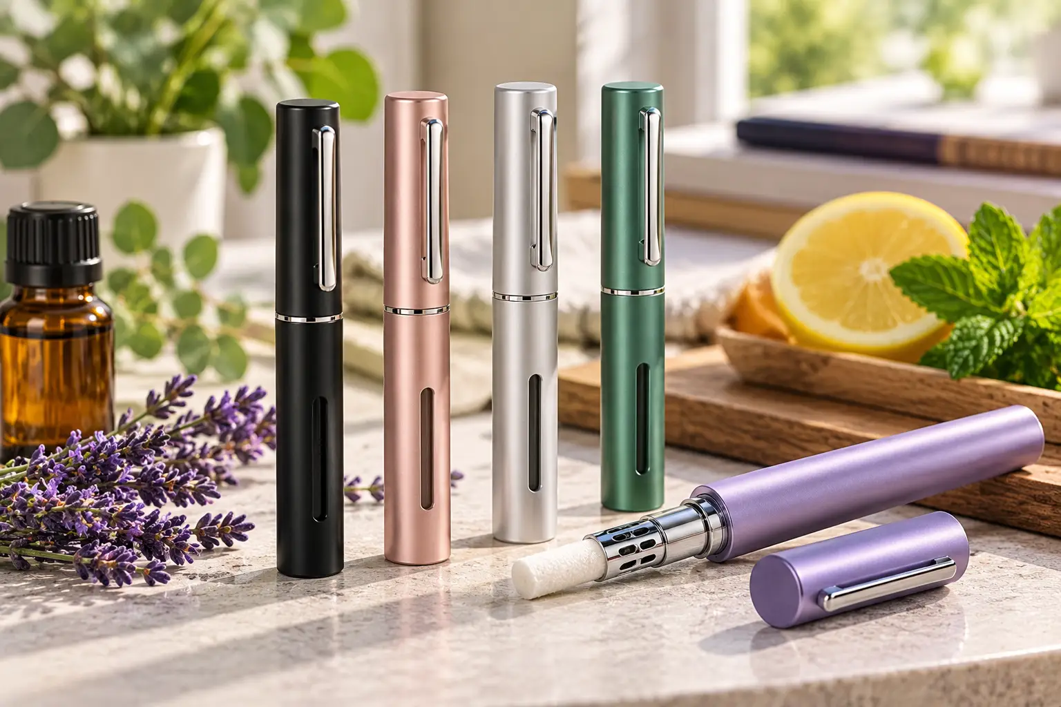 Aromatherapy diffuser pen with a sleek design, lavender, and essential oil bottle in a bright natural setting.