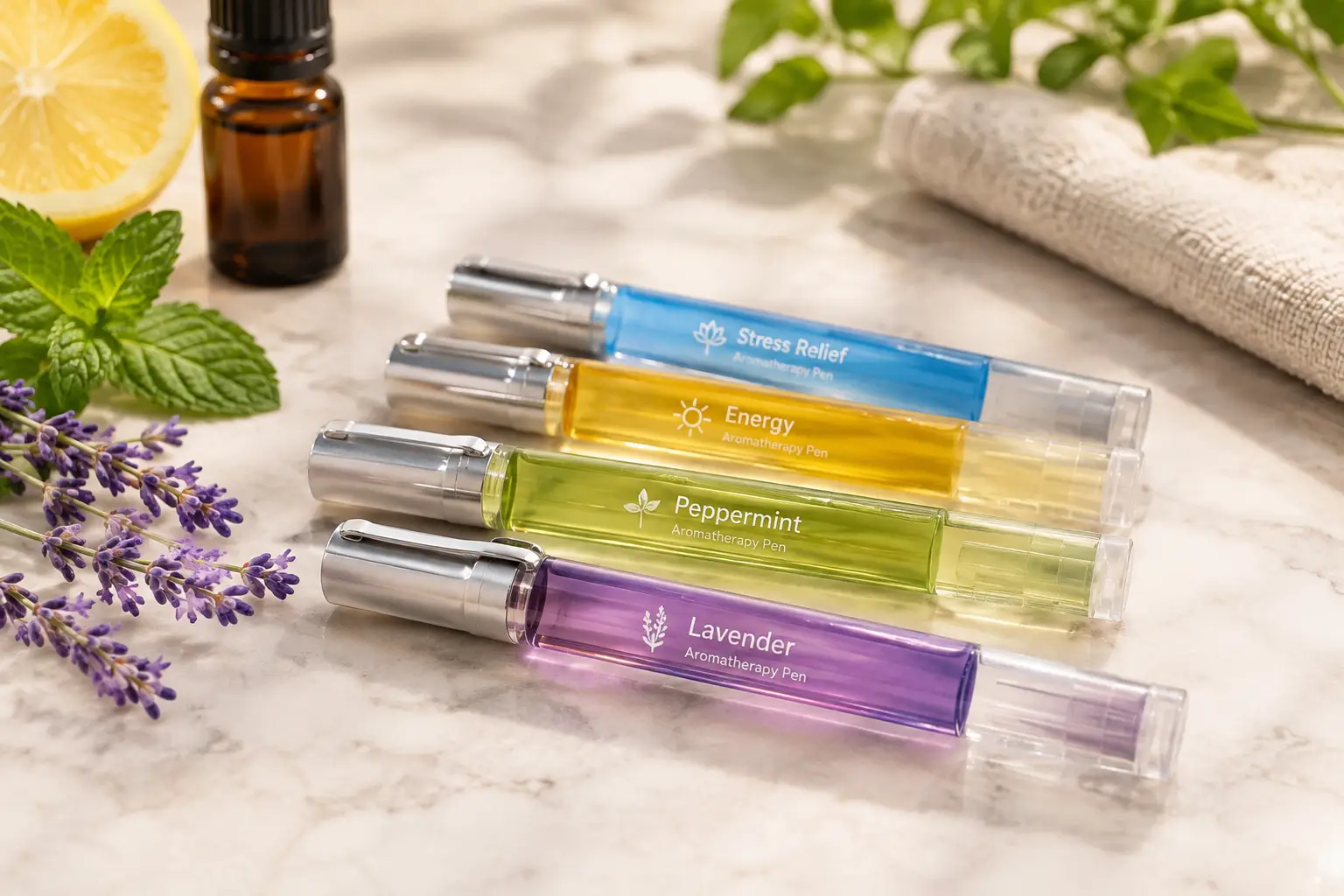 Aromatherapy pens with lavender, peppermint, energy, and stress relief scents arranged with natural botanical ingredients in a bright spa setting.