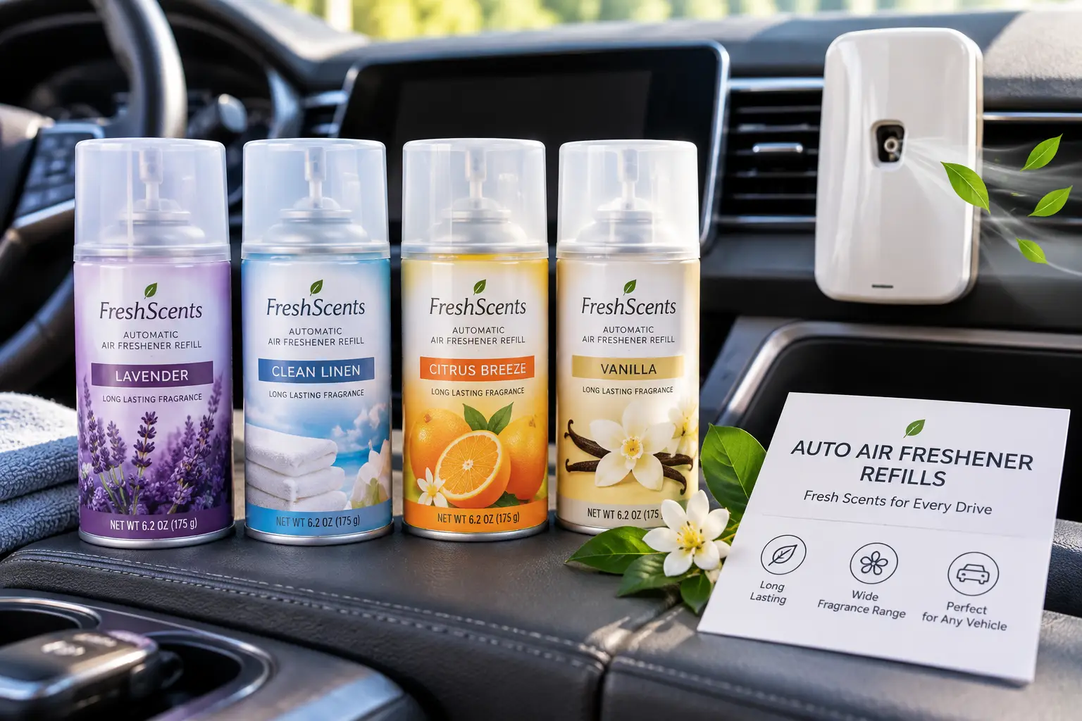 Auto air freshener refills in multiple fragrances displayed inside a modern car