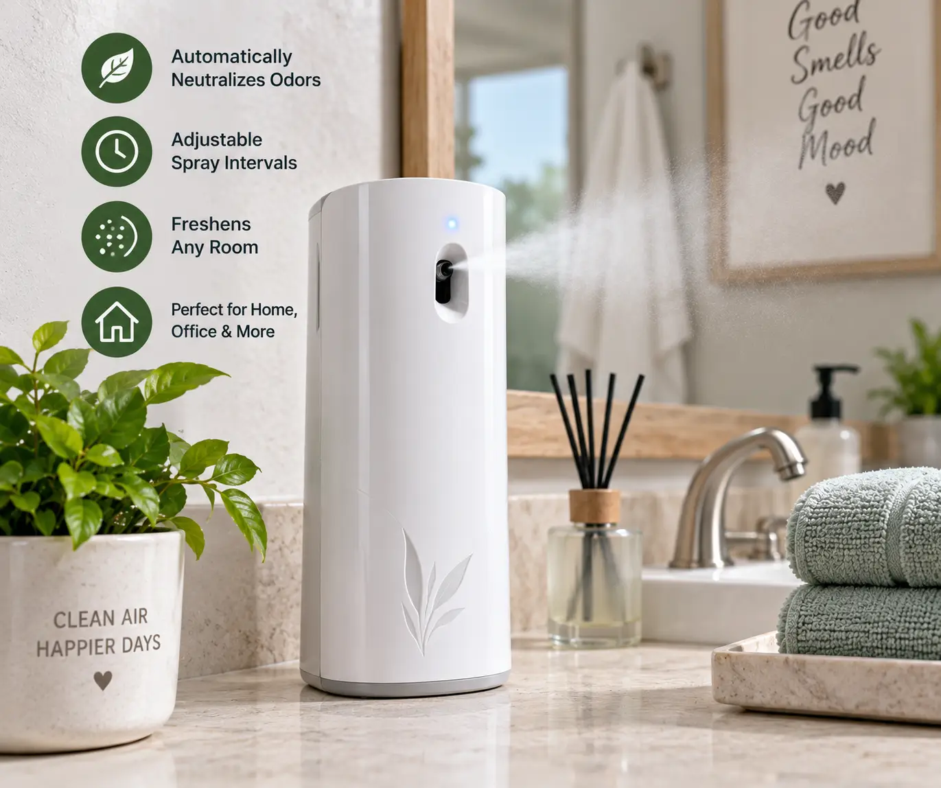 Automatic odor neutralizer releasing a fine mist to freshen a clean modern bathroom
