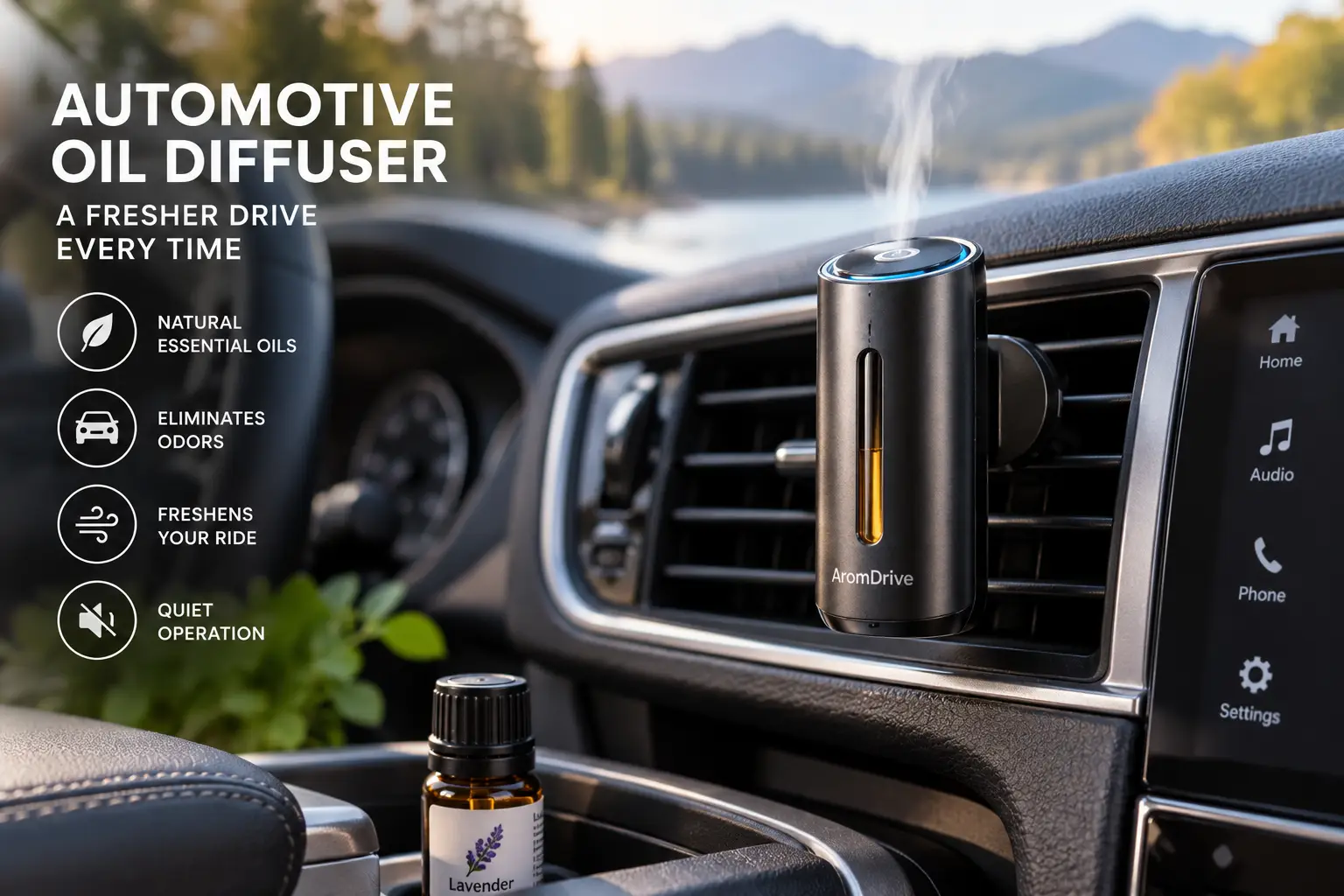 Automotive oil diffuser attached to a car air vent with essential oil for a fresh interior