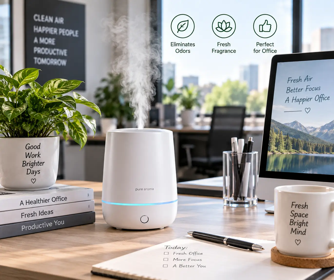 Best air freshener for office displayed on a clean modern desk with fresh fragrance mist and indoor plants