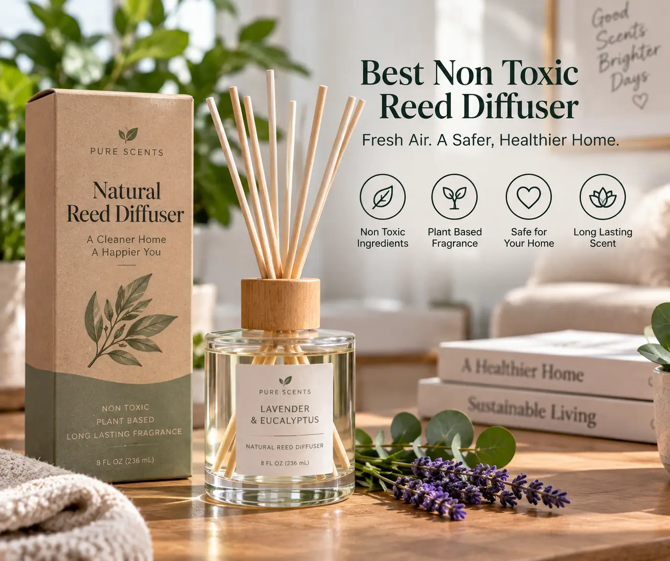 Best non toxic reed diffuser with natural reeds, lavender, and eucalyptus fragrance displayed in a bright modern home