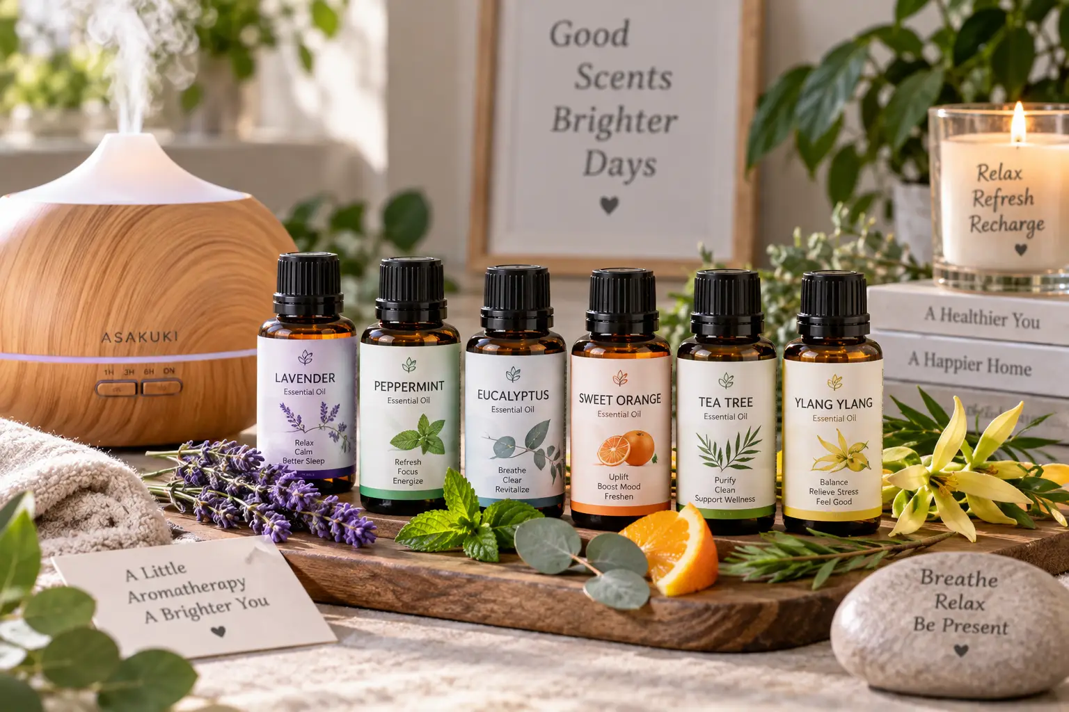 Best smelling aromatherapy oils including lavender, peppermint, eucalyptus, sweet orange, tea tree, and ylang ylang beside a diffuser