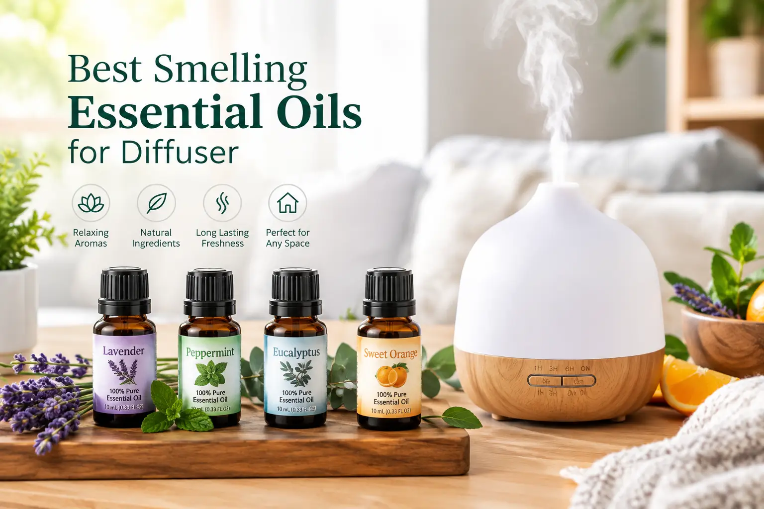 Best smelling essential oils for diffuser displayed with lavender, peppermint, eucalyptus, and sweet orange oils beside a misting diffuser
