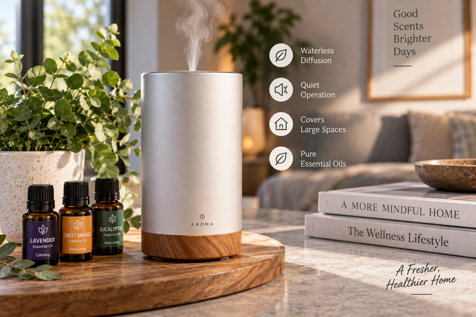 Best waterless essential oil diffuser with lavender, sweet orange, and eucalyptus oils in a modern home