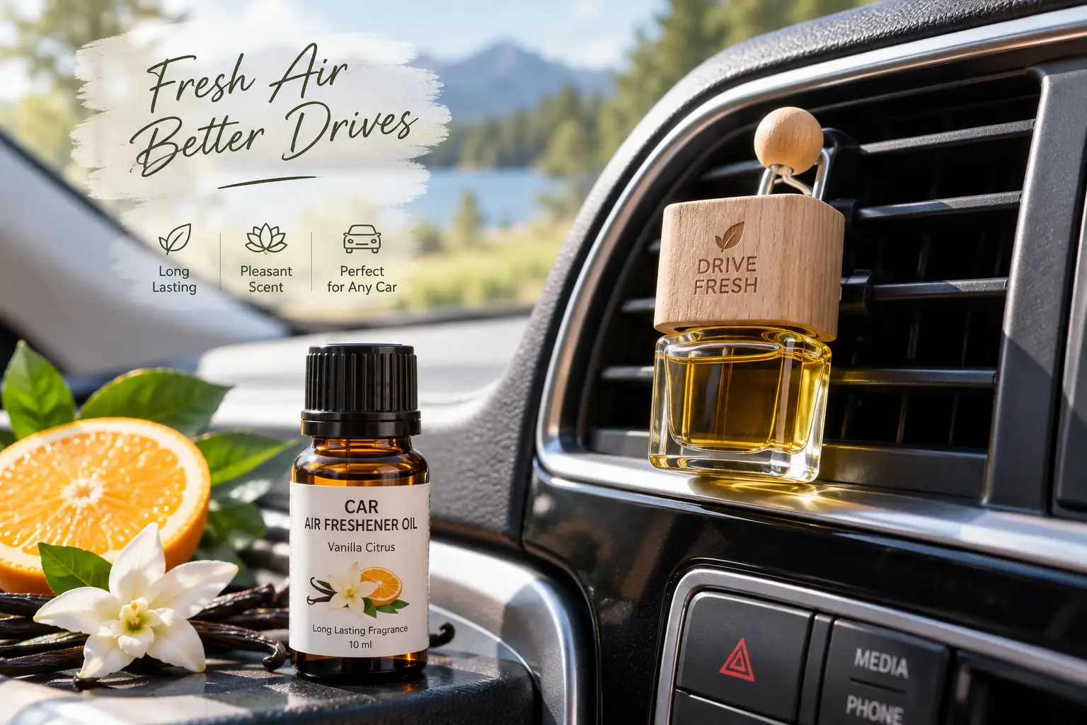 Car air freshener oil bottle and diffuser in a vehicle dashboard with a fresh citrus scent