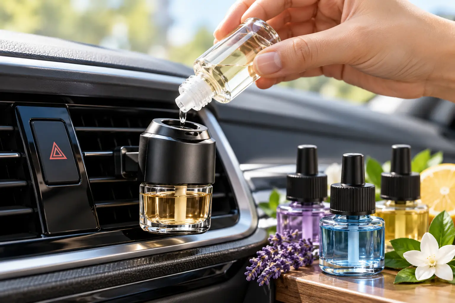 Car fragrance refill being added to a vent diffuser inside a modern vehicle