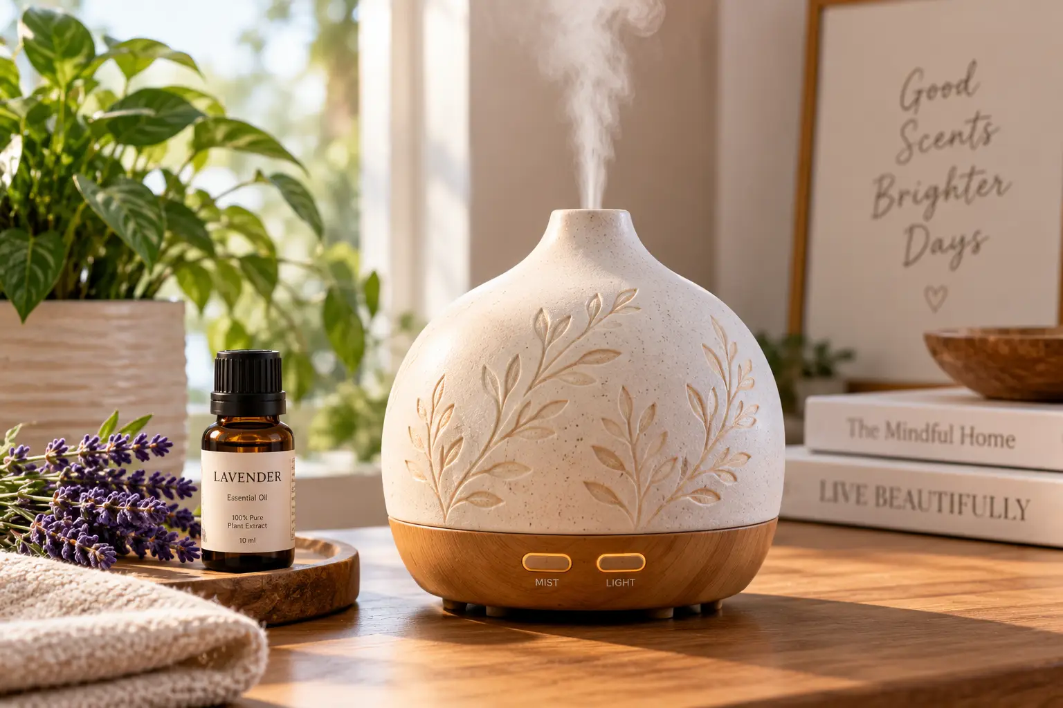 Ceramic diffuser with lavender oil releasing aromatic mist in a cozy home interior