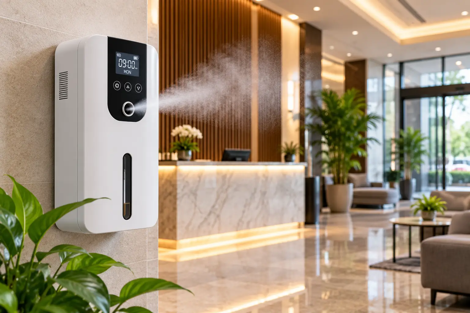 Commercial air freshener machine dispensing fragrance in a modern hotel lobby