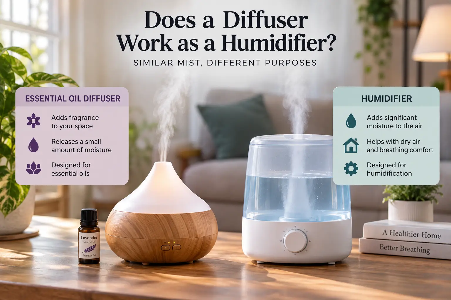 Essential oil diffuser and humidifier compared side by side to show how they add moisture to the air