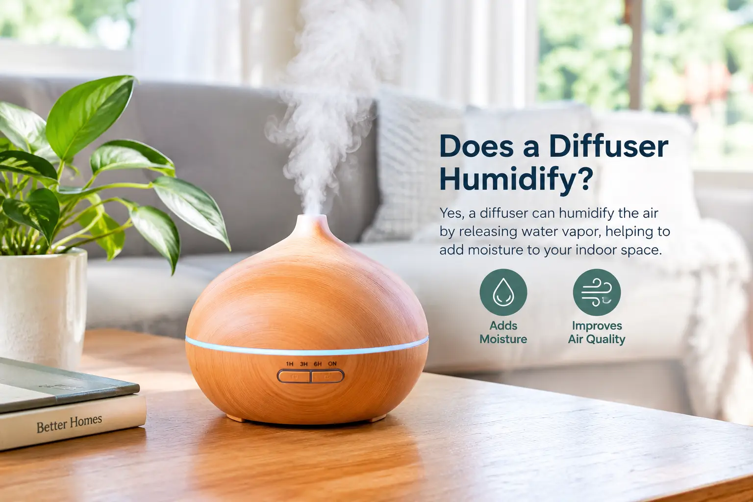 Does a diffuser humidify indoor air? A wood grain diffuser releases a visible mist and adds moisture to a cozy living room.