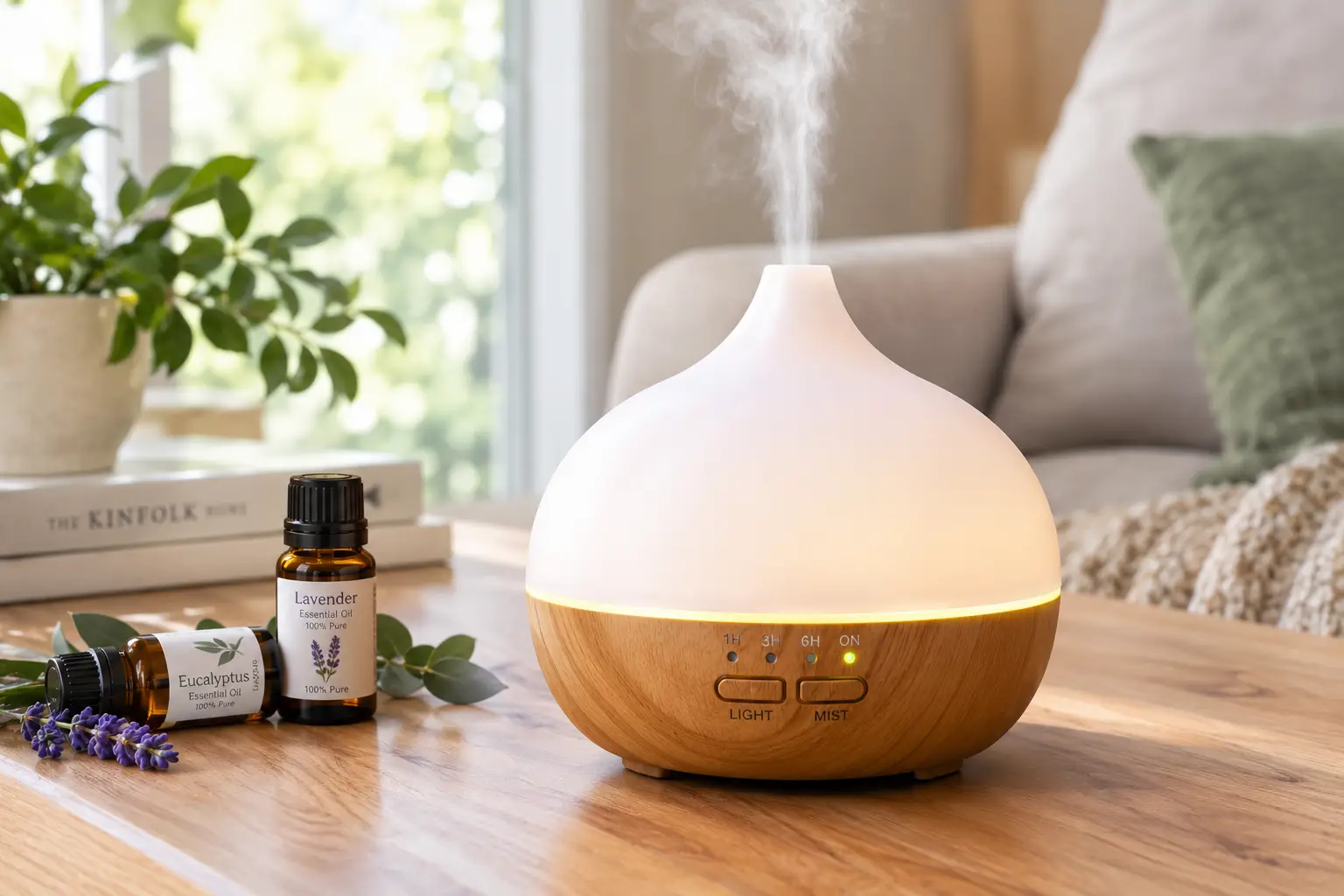 Electric aromatherapy diffuser releasing a gentle mist beside lavender and eucalyptus essential oils