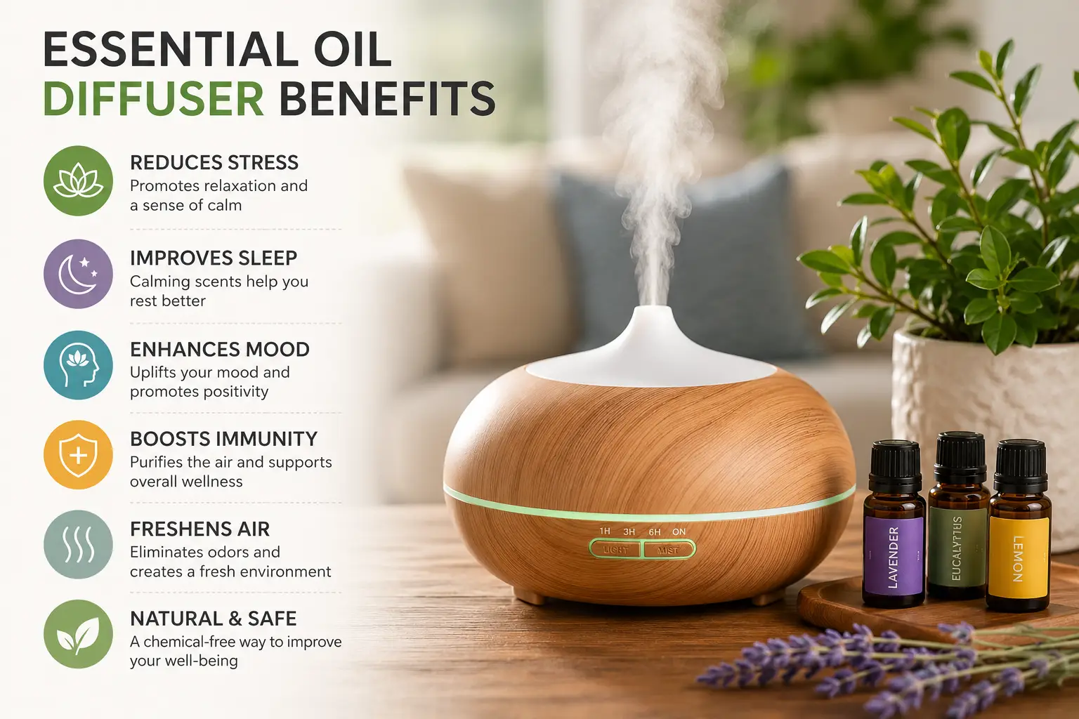 Essential oil diffuser benefits including relaxation, better sleep, mood support, and fresh indoor air
