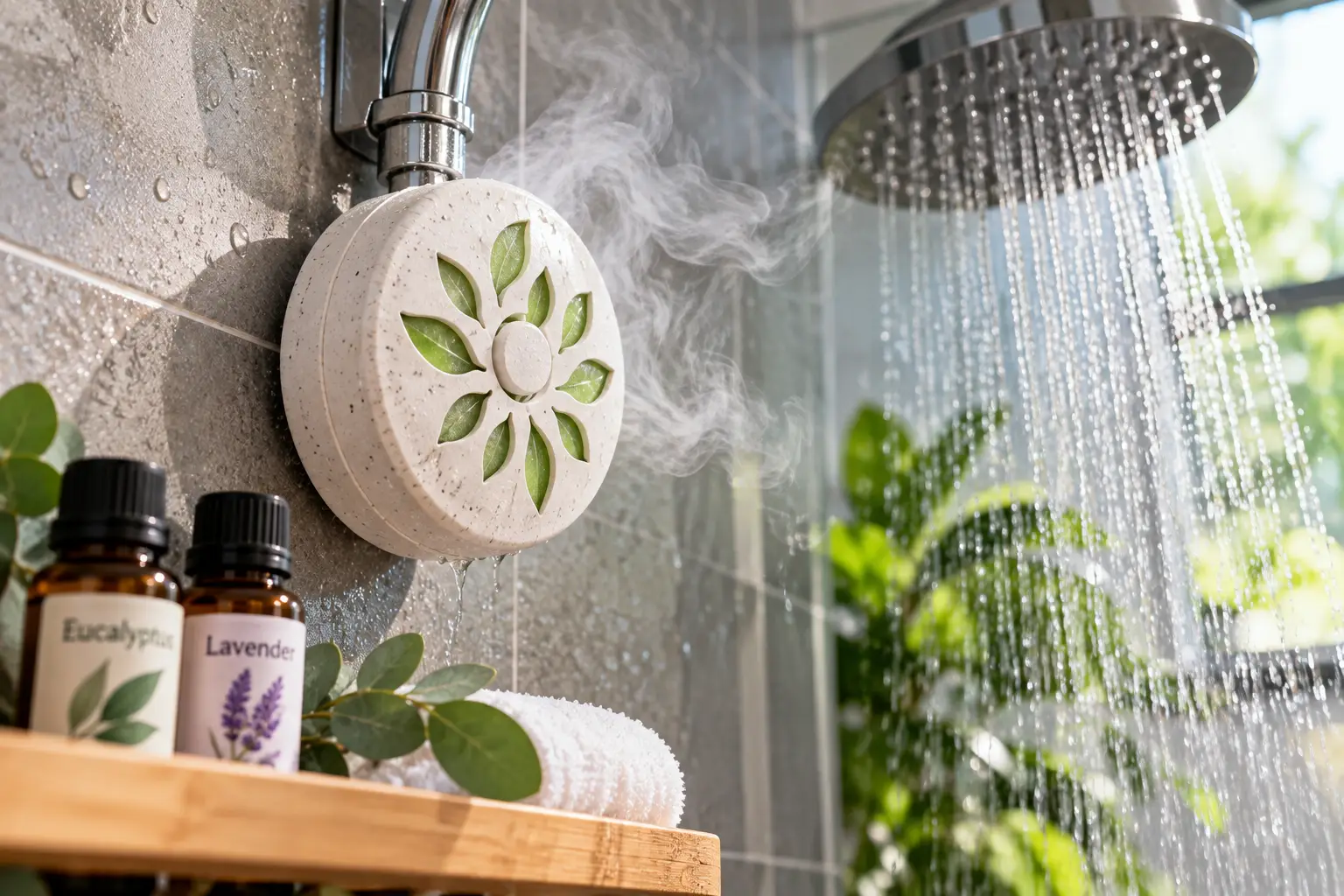 Essential oil shower diffuser releasing aromatherapy steam beside a rain shower with eucalyptus and lavender oils