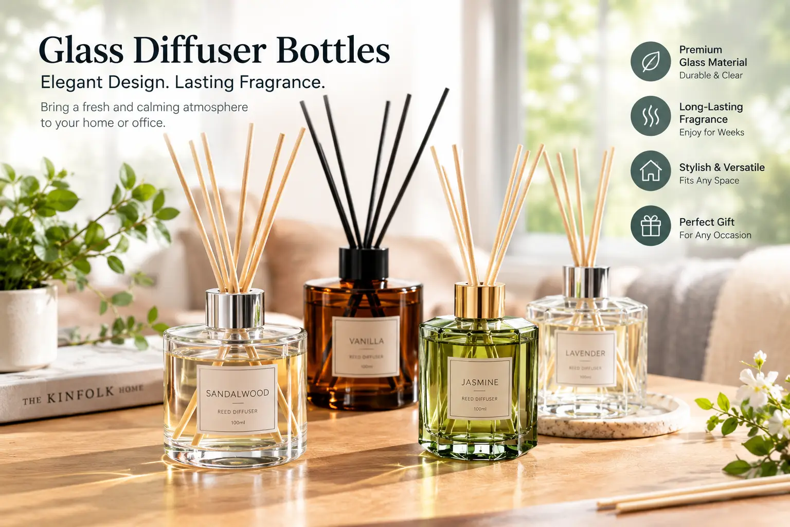 glass diffuser bottles with natural reed sticks in a bright, elegant home interior