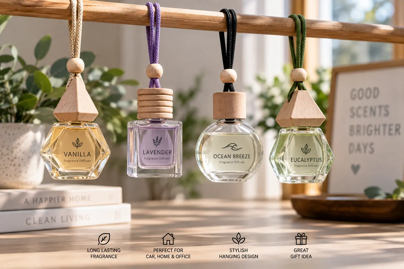 Hanging fragrance diffusers with scented oils suspended in a bright, cozy home interior