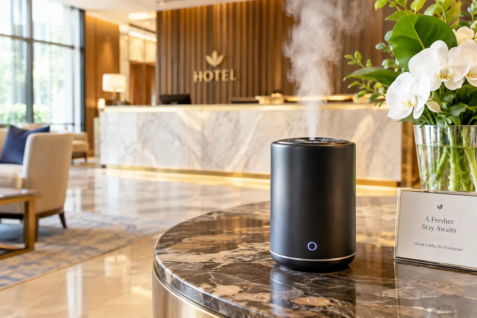 Hotel lobby air freshener adding a fresh scent to an elegant hotel reception area