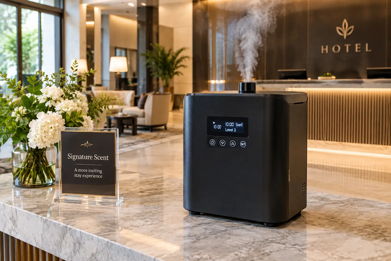 Hotel lobby scent machine diffuser on a marble reception counter in a modern luxury hotel