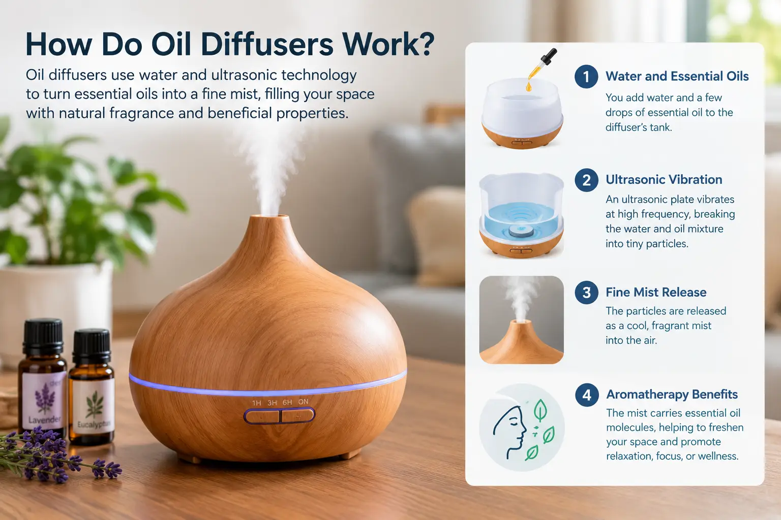 How do oil diffusers work explained with an ultrasonic diffuser using water and essential oils to create a fine aromatic mist for indoor spaces.