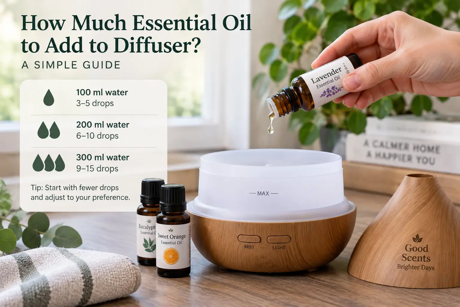 Guide showing how much essential oil to add to a diffuser based on water capacity