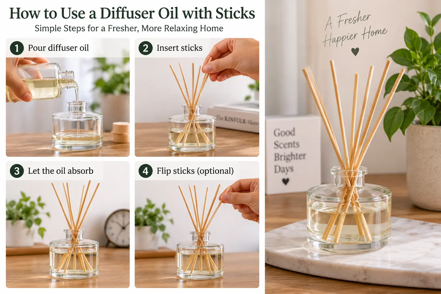Step-by-step guide showing how to use diffuser oil with sticks in a glass reed diffuser