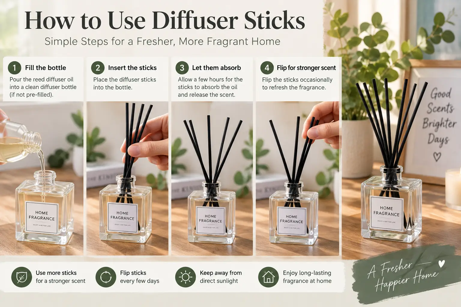 How to use diffuser sticks with simple steps for filling, inserting, and flipping reed diffuser sticks