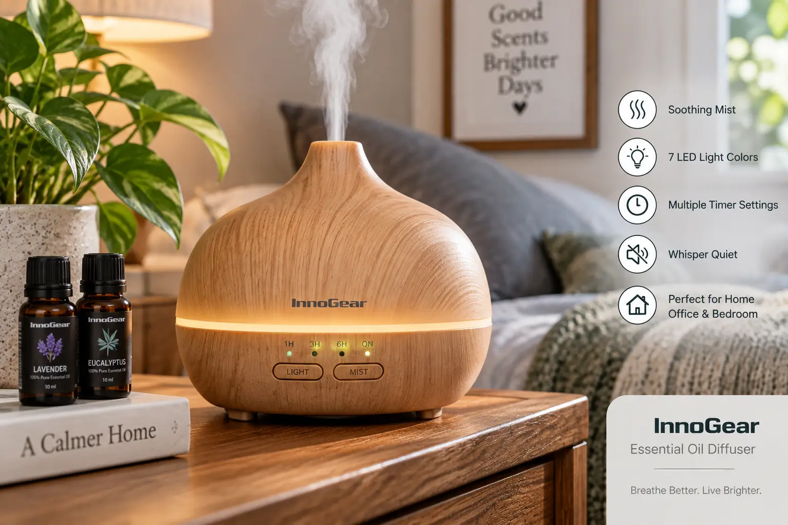 InnoGear essential oil diffuser releasing mist on a bedside table with essential oils