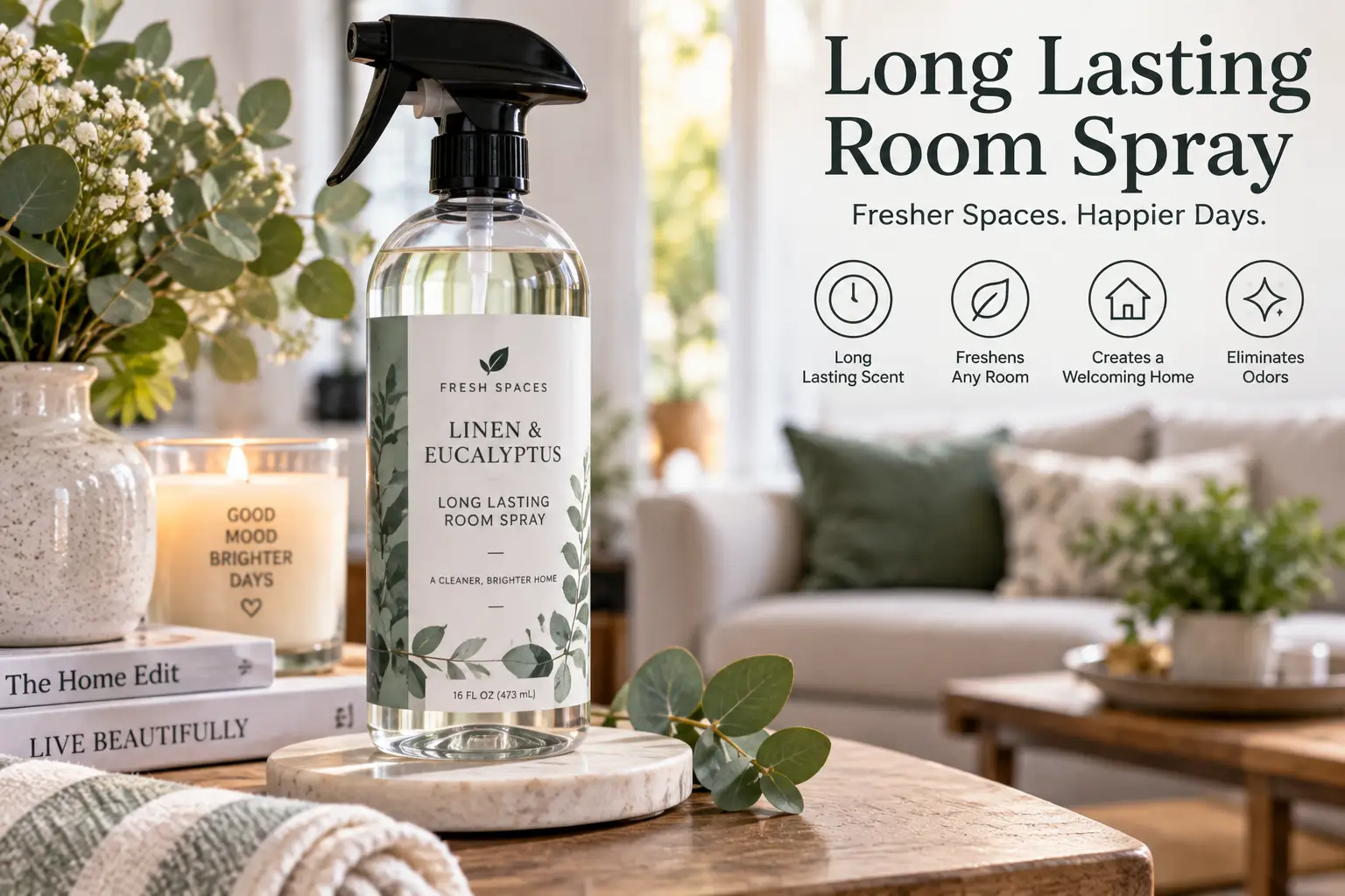 Long lasting room spray bottle with eucalyptus scent displayed in a bright, cozy living room