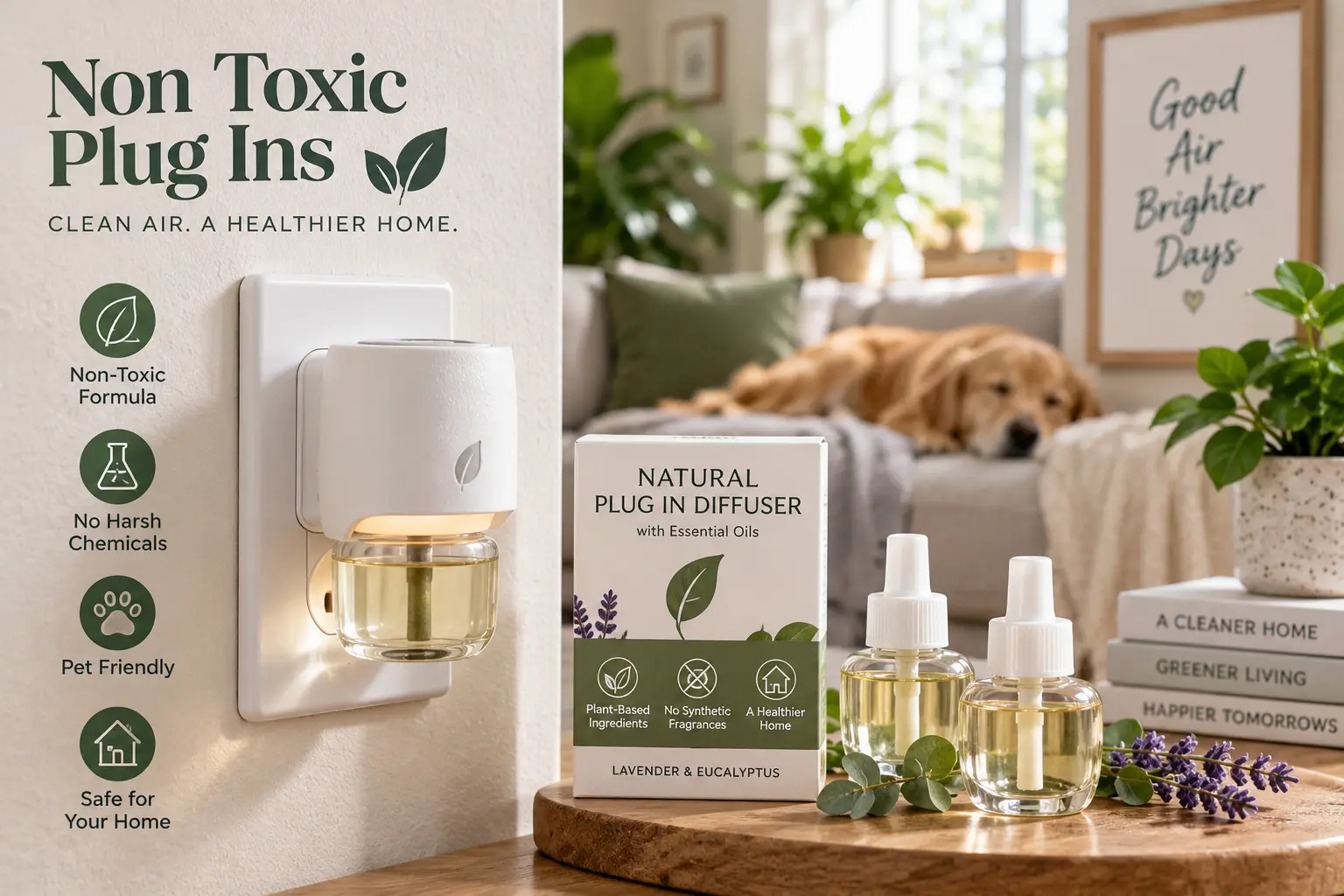 Non toxic plug ins with natural essential oil scents, shown in a bright home alongside botanical ingredients and a pet-friendly living space.
