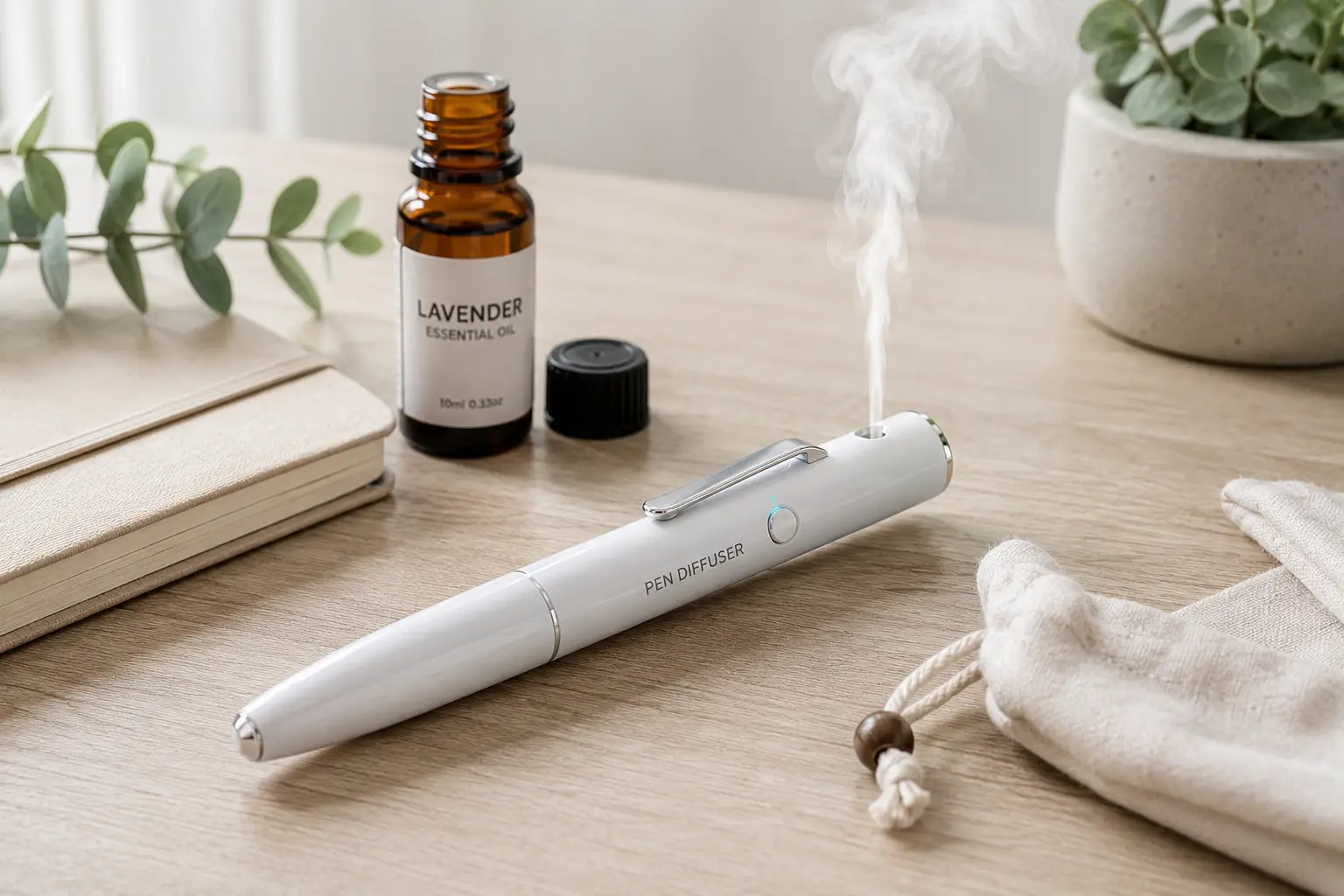 Pen diffuser releasing a gentle mist beside lavender essential oil on a wooden table