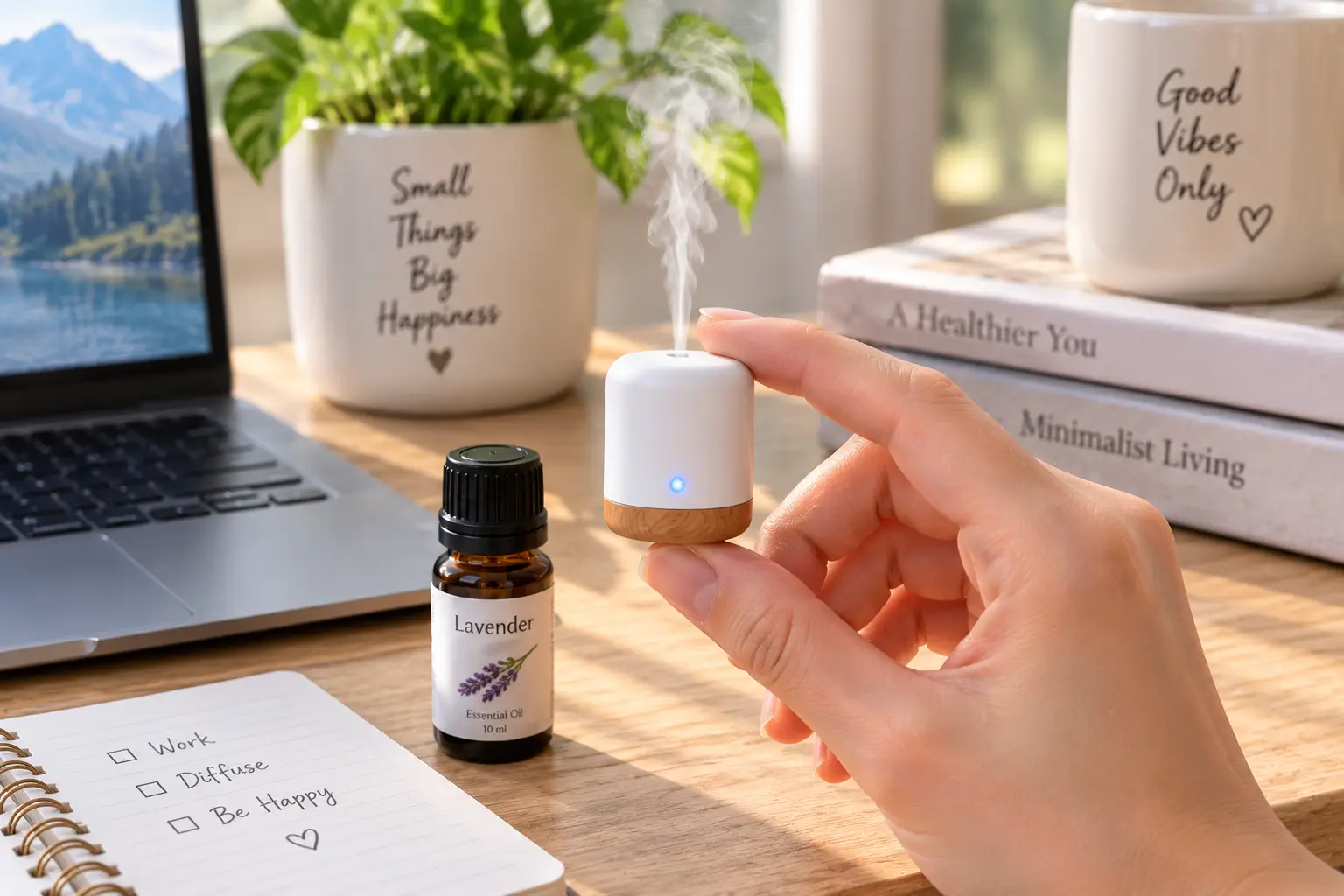 Smallest diffuser releasing a gentle mist beside an essential oil bottle on a compact desk
