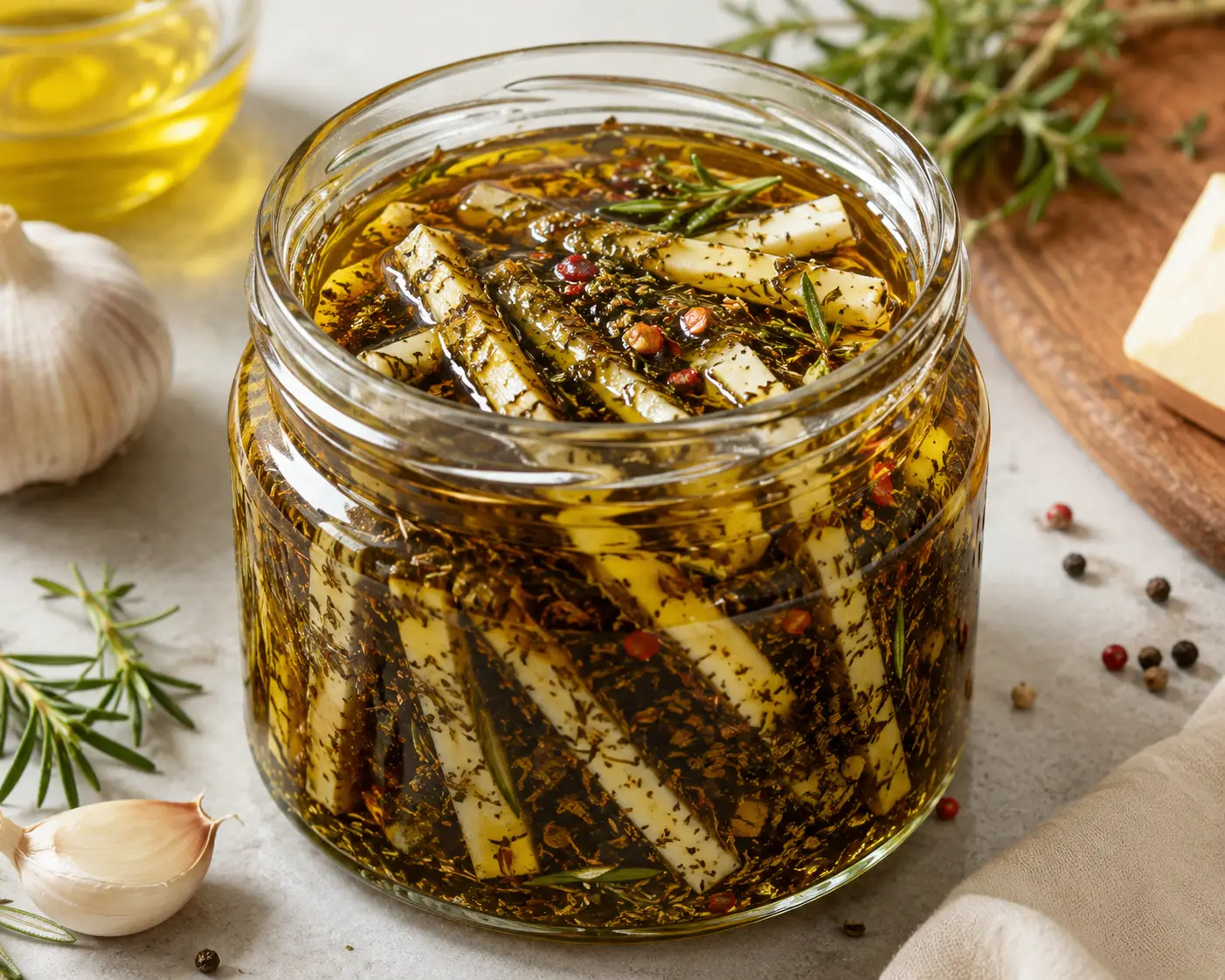 Sticks in oil preserved with herbs, garlic, rosemary, and red pepper flakes in a glass jar.