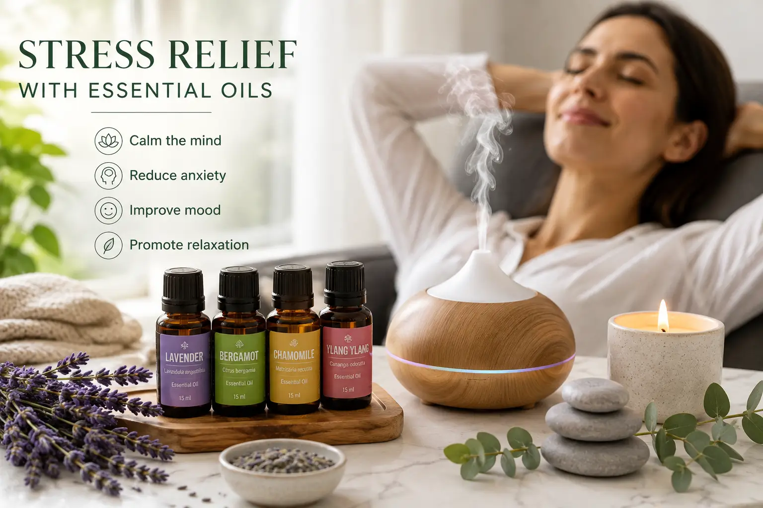 Stress relief with essential oils featuring lavender, bergamot, chamomile, and ylang ylang oils beside an aromatherapy diffuser in a relaxing setting.