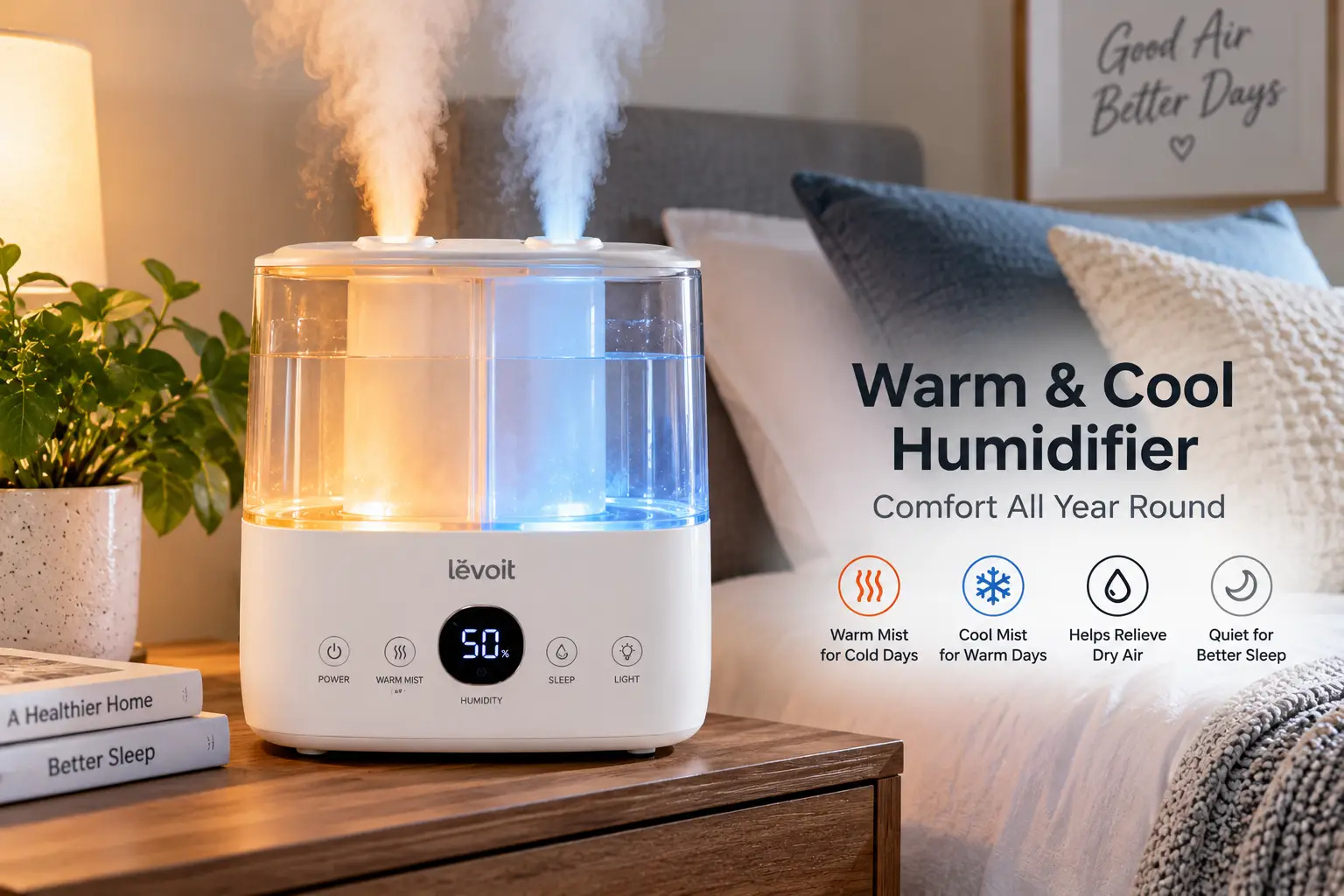 Warm cool humidifier producing adjustable mist in a cozy bedroom for year-round indoor comfort