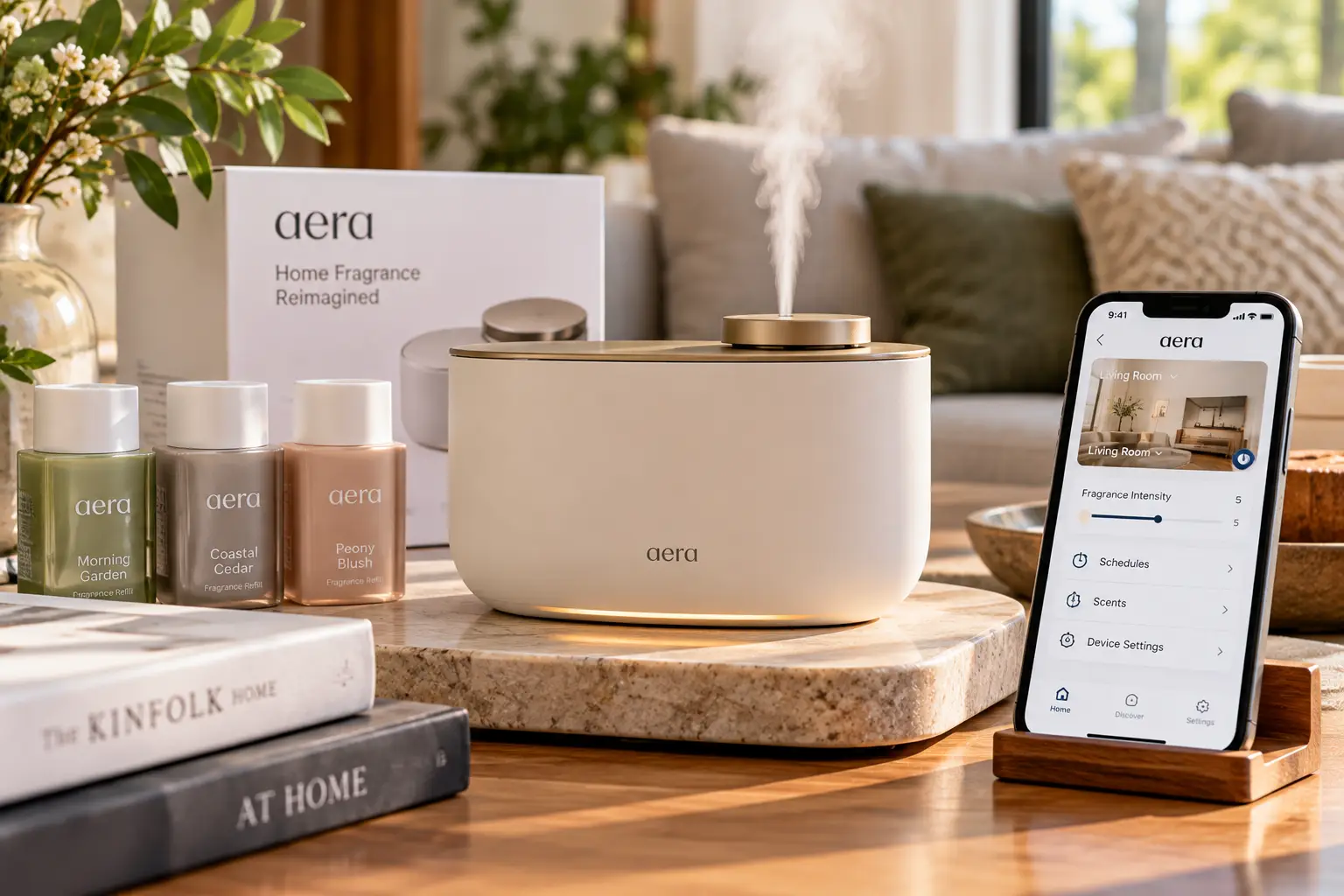 Evaluate the Aera home fragrance company and its best diffuser, featuring a modern scent diffuser, fragrance refill cartridges, and smartphone app controls in a stylish living room.