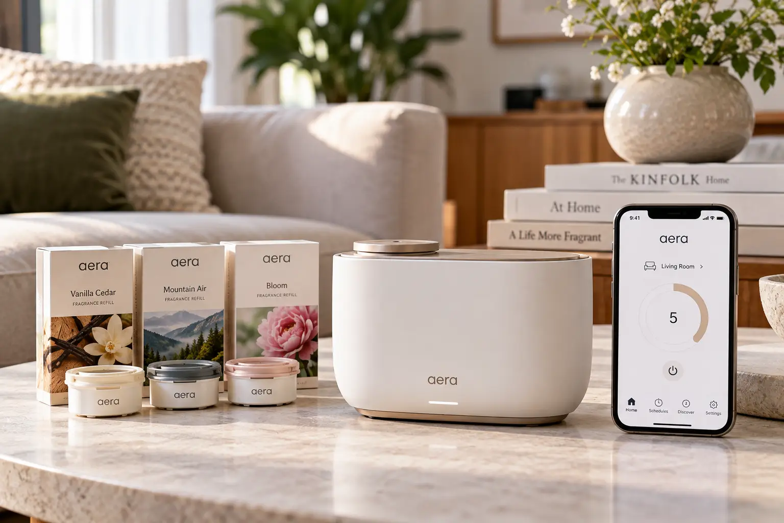 Aera fragrance diffuser displayed with fragrance refills and a smartphone app in a modern living room, illustrating an evaluation of the home fragrance company's diffuser system.