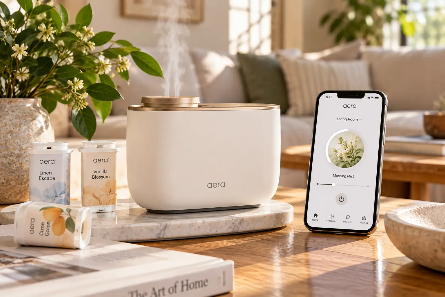 Aera home fragrance diffuser displayed in a modern living room with fragrance refills and a smartphone app for controlling scent settings.