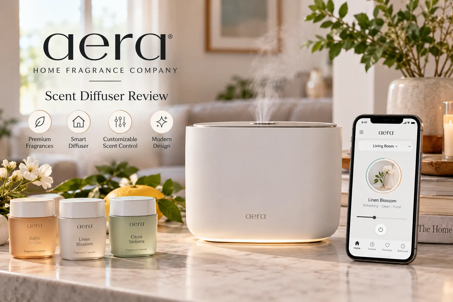 Evaluate the Aera home fragrance company and its smart scent diffuser, featuring a modern white diffuser, fragrance capsules, and app-controlled scent settings in a stylish living room.