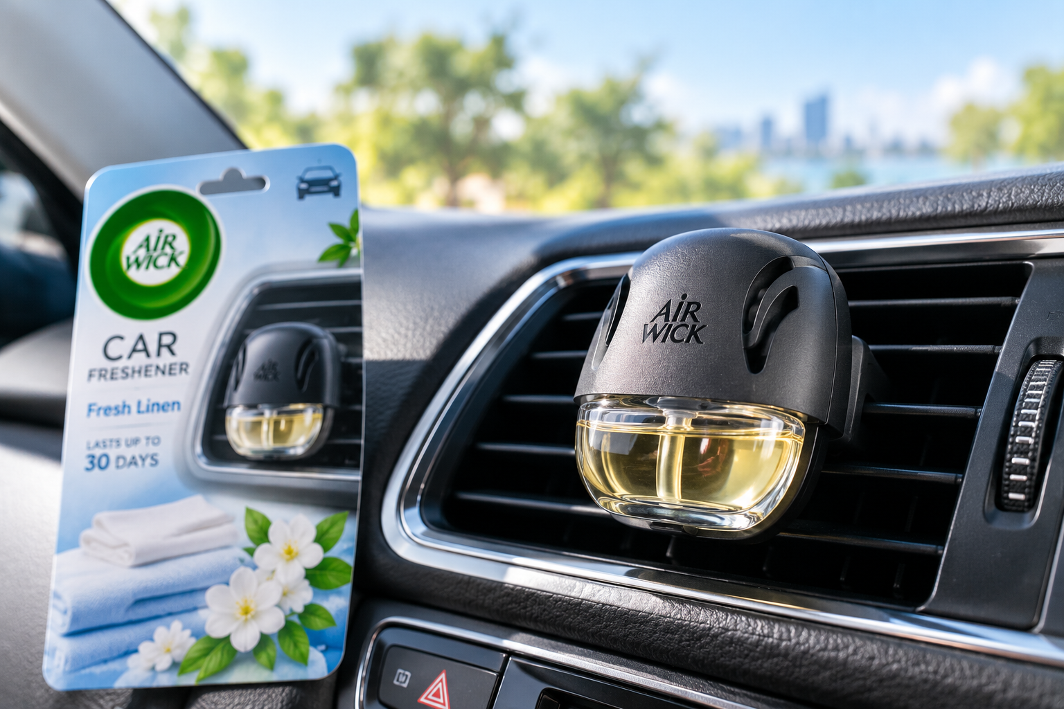 Air Wick car freshener clipped to a vehicle air vent, featuring a compact fragrance diffuser with fresh linen scent in a sunlit car interior.