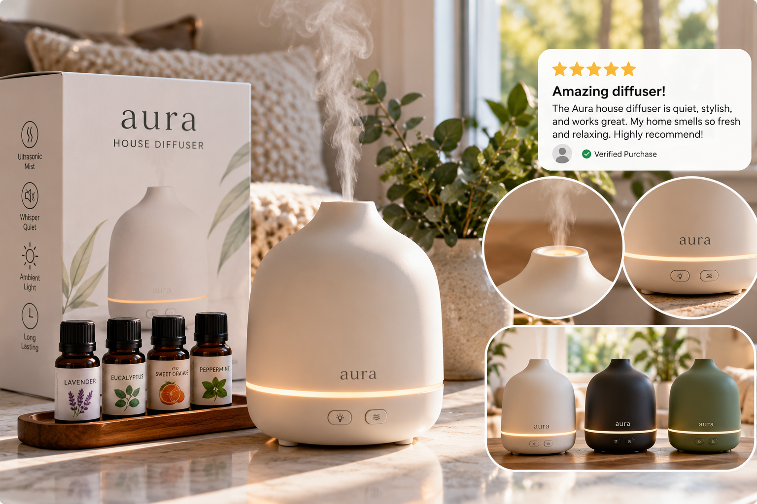 Aura house diffuser reviews featuring a minimalist cream aroma diffuser with a glowing ambient light, gentle mist, essential oil bottles, and product packaging, with close-up details of the controls and available colors in a cozy modern home.
