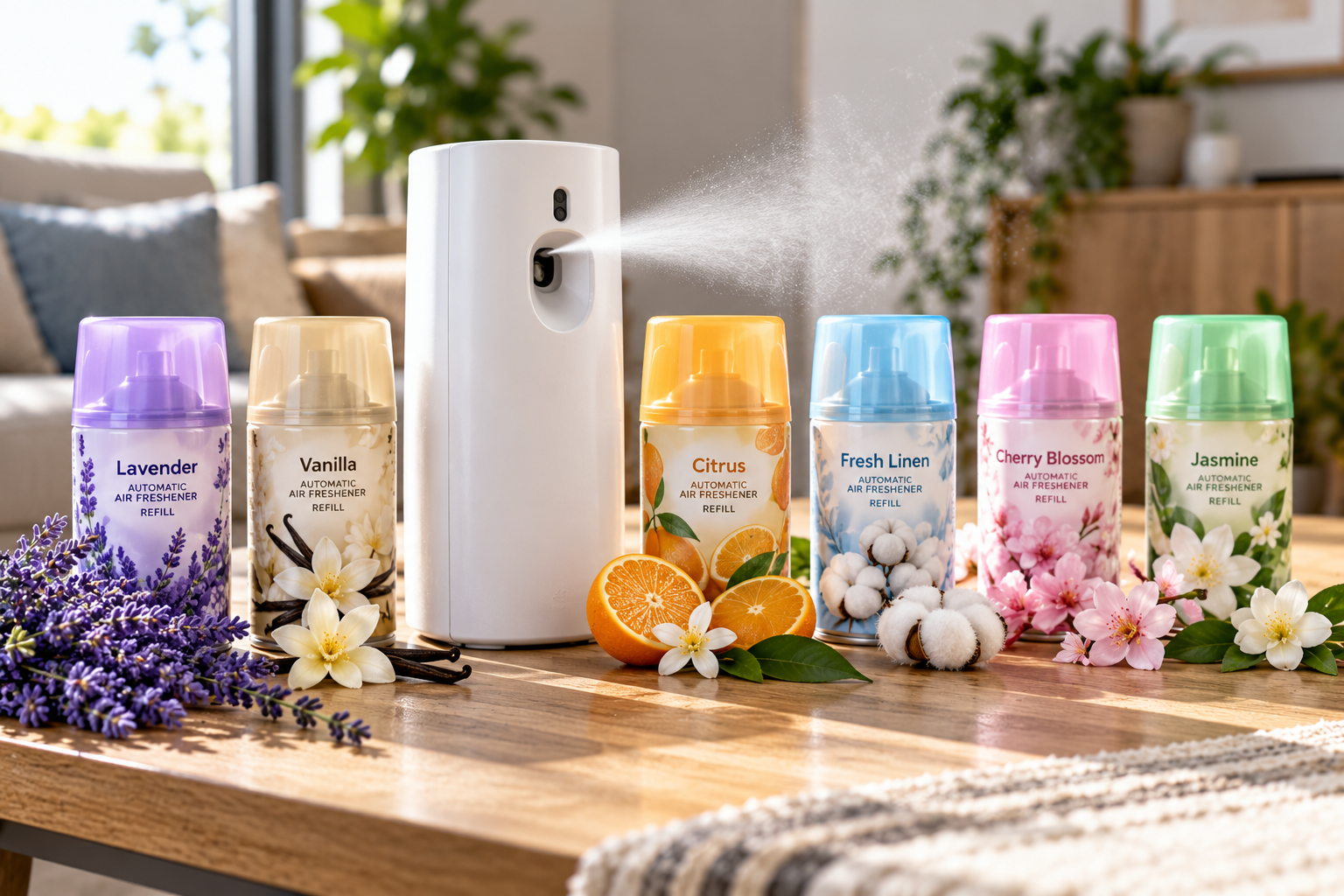 Automatic air freshener scents featuring a white automatic dispenser and colorful fragrance refills in lavender, vanilla, citrus, fresh linen, cherry blossom, and jasmine, arranged with matching flowers and botanicals on a wooden table in a bright living room.