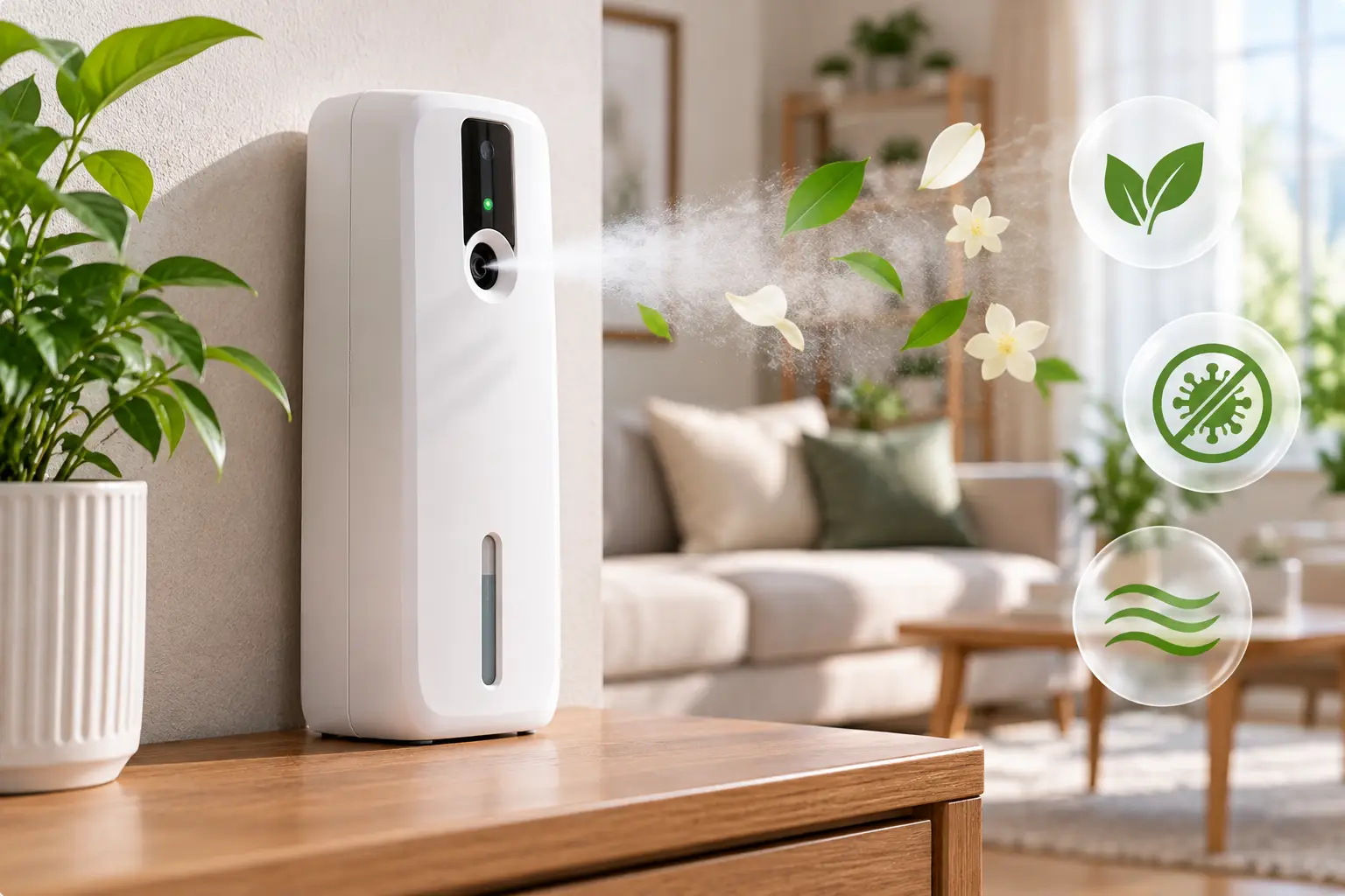Automatic air sanitizer featuring a sleek white dispenser releasing a fine mist in a bright modern living room, with green leaves, soft natural light, and a clean, fresh indoor environment.